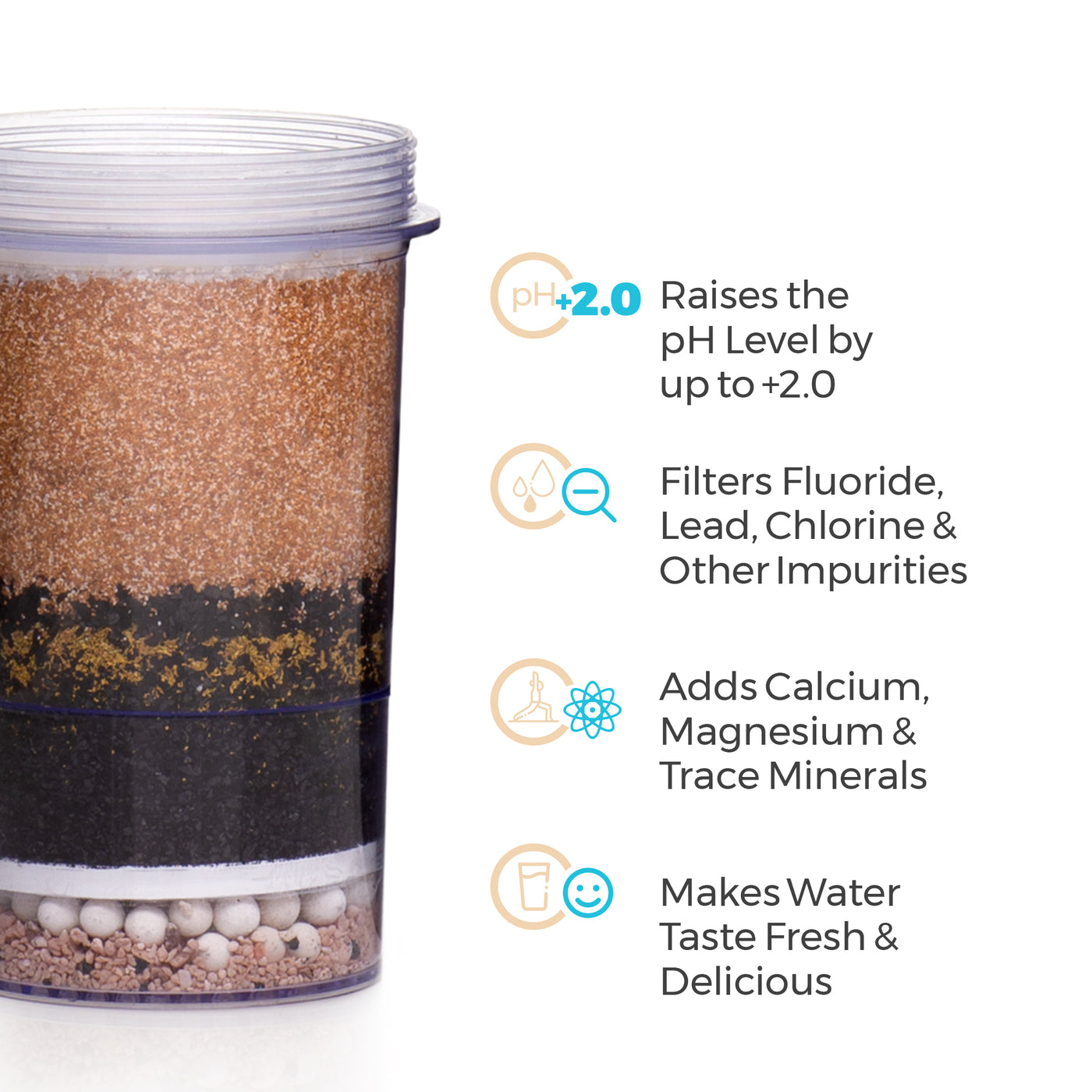 The Santevia Gravity Water System Fluoride Filter will raise the pH level by 2.0, filter fluoride, lead and chlorine, and add calcium & magnesium.